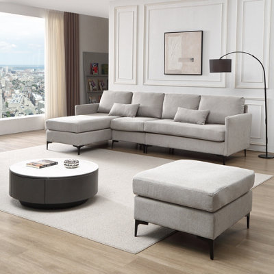 Contemporary Grey Modular 4 Seater Sofa with Chaise and Ottoman Corner Sofa Length 302x Width88.5cm