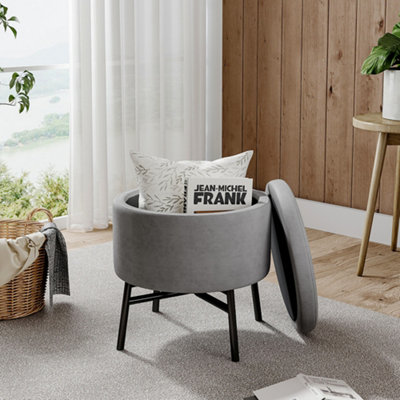 Contemporary Grey Velvet Storage Ottoman with X-Shape Metal Legs 