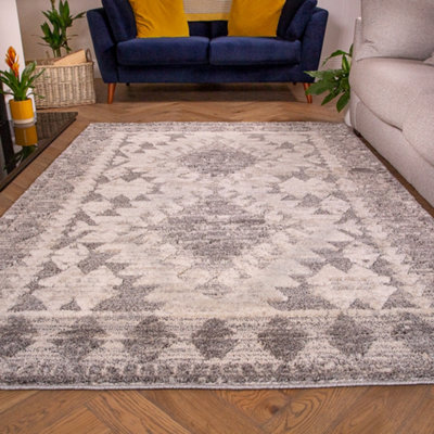 Contemporary Grey White Bordered Geometric Plush Scandi Area Rug 160x230cm