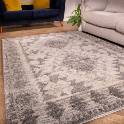 Contemporary Grey White Bordered Geometric Plush Scandi Area Rug 160x230cm