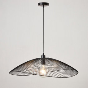 Contemporary Large Black Pendant Ceiling Light. Decorative shade with curved metal threads, 80cm Diameter  Adjustable height