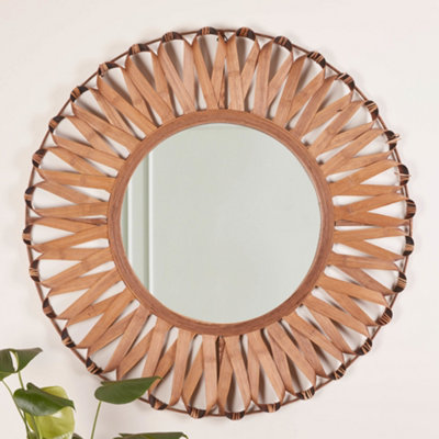 Contemporary Large Round Indoor Bathroom Mirror Wall Mounted Bamboo Framed Mirror 93cm