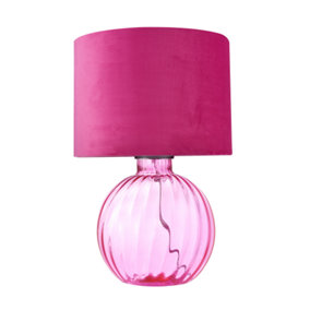 Contemporary Light Pink Ribbed Glass Table Lamp with Soft Velvet Fabric Shade