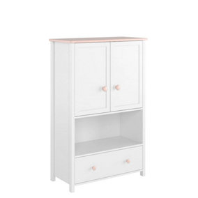 Contemporary Luna Sideboard Cabinet in White Matt and Pink with Shelves and Drawer - H1310mm W850mm D420mm