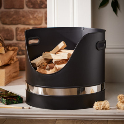 Contemporary Matte Black Fireplace Coal, Log and Kindling Bucket Basket