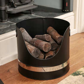 Contemporary Matte Black Fireplace Coal, Log and Kindling Bucket Basket (H) 290mm x (D) 350mm