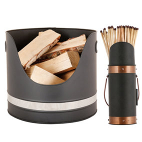 Contemporary Matte Black Fireplace Coal, Log Storage and Kindling Bucket Basket with Matches Canister