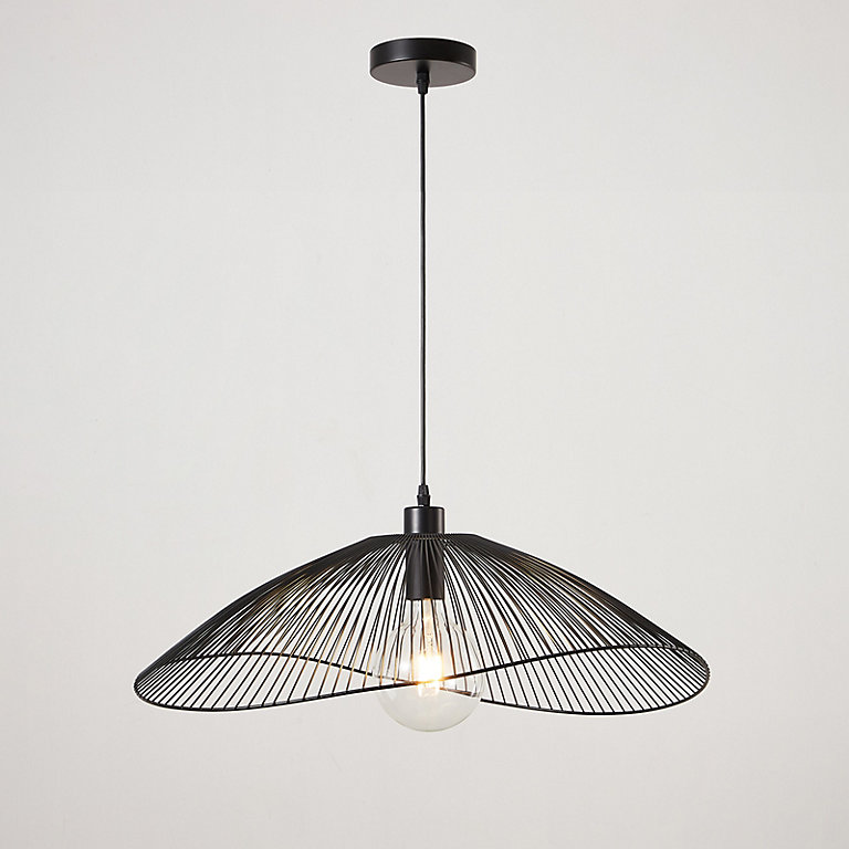 Contemporary Medium Black Pendant Ceiling Light. Decorative shade with curved metal threads, 65cm Diameter.  Adjustable height | DIY at B&Q