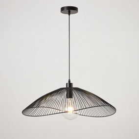 Contemporary Medium Black Pendant Ceiling Light. Decorative shade with curved metal threads, 65cm Diameter.  Adjustable height