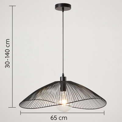 Contemporary Medium Black Pendant Ceiling Light. Decorative shade with curved metal threads, 65cm Diameter.  Adjustable height