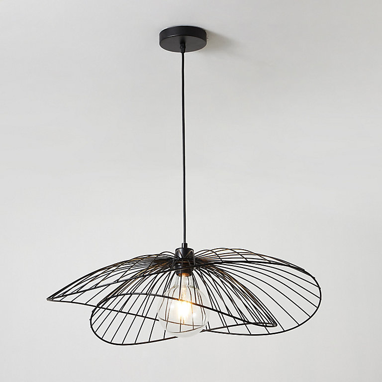 Contemporary Medium Black Pendant Ceiling Light. Twin Shades made with curved metal threads, 65cm Diameter.  Adjustable height | DIY at B&Q