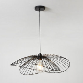 Contemporary Medium Black Pendant Ceiling Light. Twin Shades made with curved metal threads, 65cm Diameter.  Adjustable height