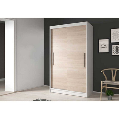 Contemporary Neomi 4 White Carcass & Oak Sonoma Front Sliding Door Wardrobe W1200mm H2000mm D610mm with Six Compartments