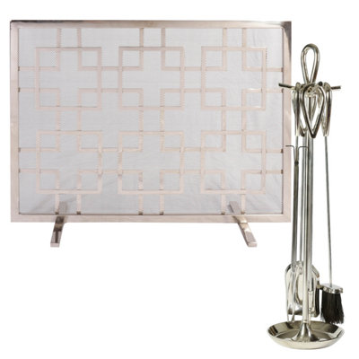 Contemporary Nickel 4pc Freestanding Fireside Companion Set with Fire Screen Guard