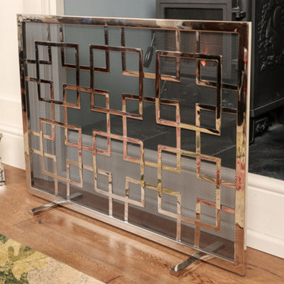 Contemporary Nickel 4pc Freestanding Fireside Companion Set with Fire Screen Guard - 4