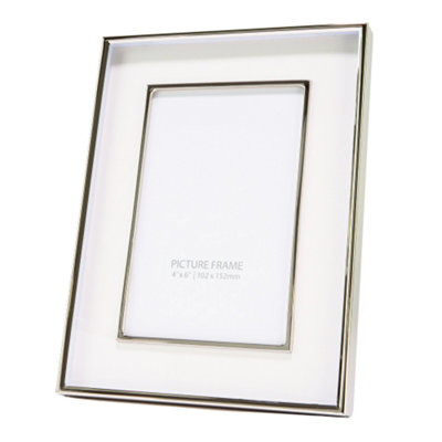 Contemporary Nickel Plated Double Trim 4x6 Picture Frame with White Gloss Border