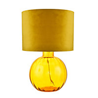 Contemporary Ochre Ribbed Glass Table Lamp with Soft Velvet Mustard Shade