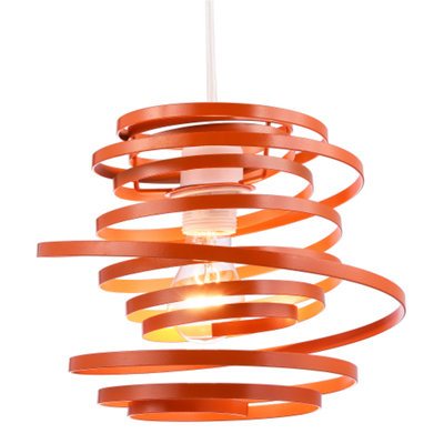 Contemporary Orange Gloss Metal Double Ribbon Spiral Swirl Ceiling Light Pendant