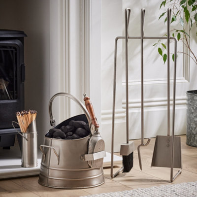 Contemporary Pewter Antique Freestanding 3 Tools Fireside Companion Set with Coal Bucket and Matches Canister