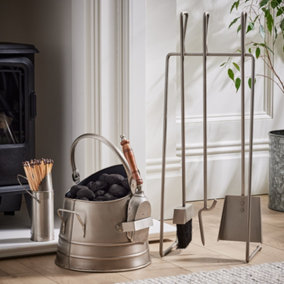 Contemporary Pewter Antique Freestanding 3 Tools Fireside Companion Set with Coal Bucket and Matches Canister