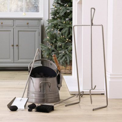 Contemporary Pewter Antique Freestanding 3 Tools Fireside Companion Set with Coal Bucket and Matches Canister