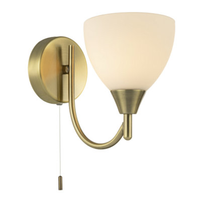 Contemporary Pull Switched Wall Light in Antique Brass with White Glass Shade