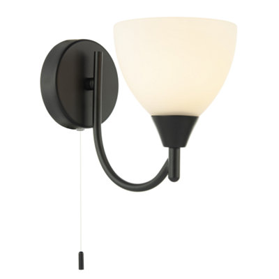 Contemporary Pull Switched Wall Light in Matte Black with White Glass Shade