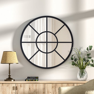 Contemporary Round Metal Windowpane Wall Framed Mirror 60cm Dia