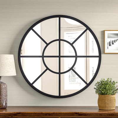 Contemporary Round Metal Windowpane Wall Framed Mirror 70cm Dia