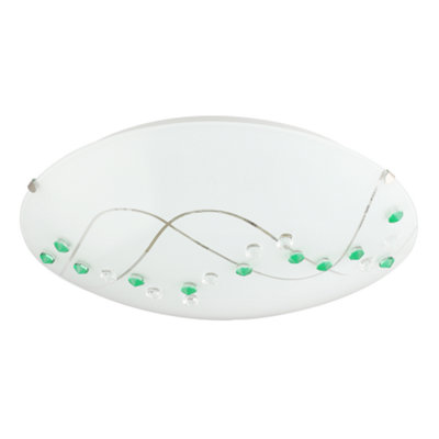 Contemporary Round Opal Glass Ceiling Light with Green and Clear Crystal Buttons