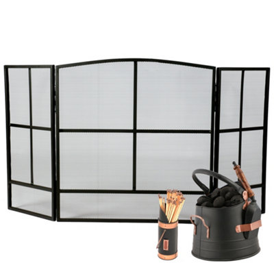 Contemporary Style Black Fire Screen Guard with Coal Bucket & Matches Canister