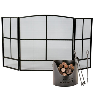 Contemporary Style Black Fire Screen Guard with Log and Kindling Bucket