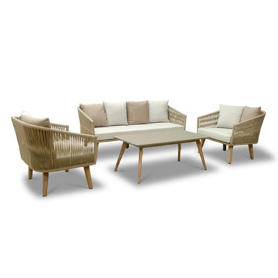 Contemporary Style Four Seater Summer Rattan Garden Furniture Set Acacia Wood  Outdoor Garden Sofa Set with Coffee Table