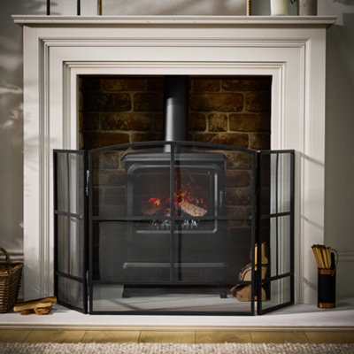 Contemporary Style Matte Black Fire Screen 3 Folding  Window Pane Contemporary Fire Guard