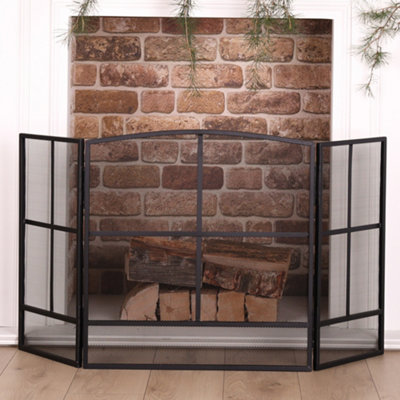 Contemporary Style Matte Black Fire Screen 3 Folding  Window Pane Contemporary Fire Guard