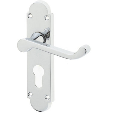 Contemporary Suite Door Handle in Polished Chrome with Euro Profile Lockplate - Interior Lever on Backplate