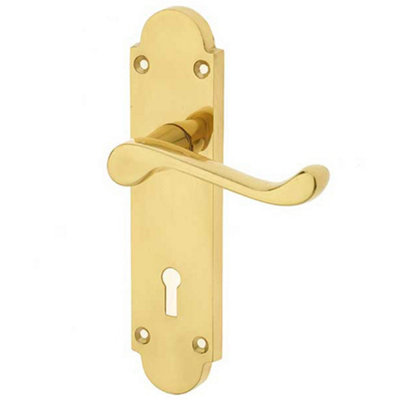 Contemporary Suite Door Handle with Lockplate in Polished Brass Finish - Interior Lever on Backplate
