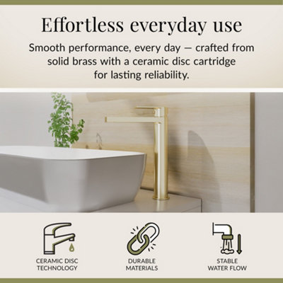 Contemporary Tall Mono Basin Mixer Tap - Brushed Brass