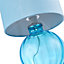 Contemporary Teal Ribbed Glass Table Lamp with Soft Velvet Sky Blue Shade