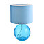 Contemporary Teal Ribbed Glass Table Lamp with Soft Velvet Sky Blue Shade