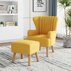 Contemporary Upholstered Wingback Armchair Sofa Chair with Ottoman Footstool and Pillow, Yellow