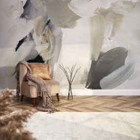 Contemporary Wall Art Mural In Charcoal and Stone And White (450cm x 240cm)