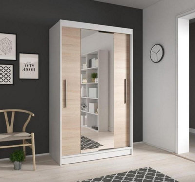 Contemporary White & Oak Sonoma Sliding Door Wardrobe W1200mm H2000mm D610mm with Mirrored Design