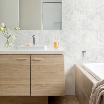 Contour White Glitter Marble Tile Wallpaper DIY at B&Q