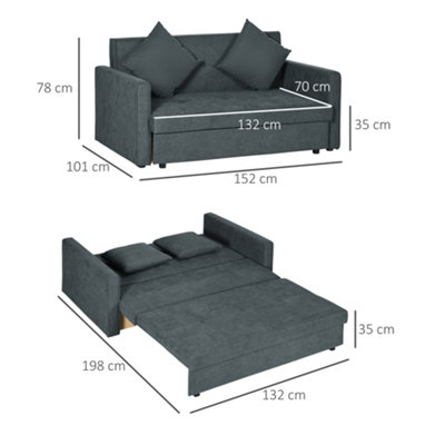 Convertible 2 Seater Sofa Bed with 2 Cushions Storage for Living Room Dark Grey
