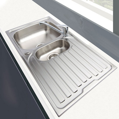 Cookology CARRARA 1.5 Bowl Sink Inset Reversible with Side Drainer Stainless Steel DIY at B Q