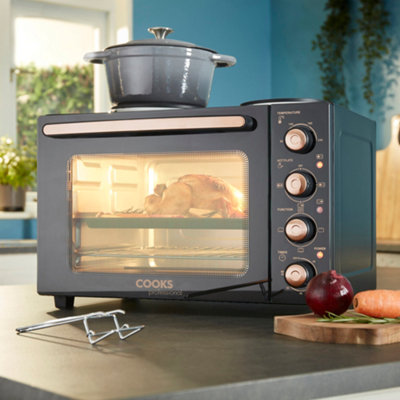 Cooks Professional 34L Mini Oven Grill With 2 Hobs Tabletop Counter Multi Function Cooker Black & Copper