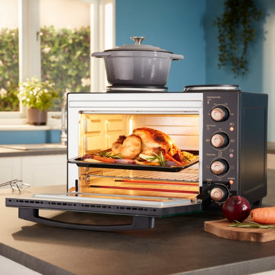 Cooks Professional 34L Mini Oven Grill With 2 Hobs Tabletop Counter Multi Function Cooker Black & Copper