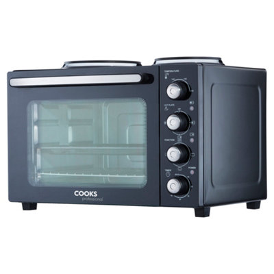 Cooks Professional 34L Mini Oven Hob Cooker Grill With Electric Hob Double Hotplate Tabletop Black