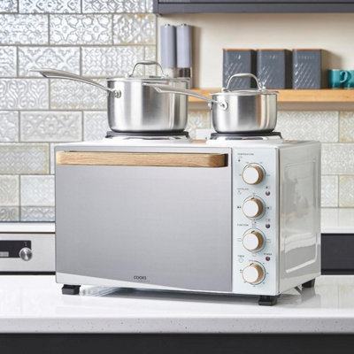 Cooks Professional 34l Mini Oven with Hobs Energy Efficient Electric Countertop Cooker with Two Hobs & Wire Rack White